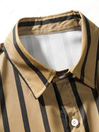 Men\'s Button Up Vertical Striped Short Sleeve Casual Summer Beach Shirt BLACK DEEP YELLOW LIGHT YELLOW MULTI-A - PURECLO