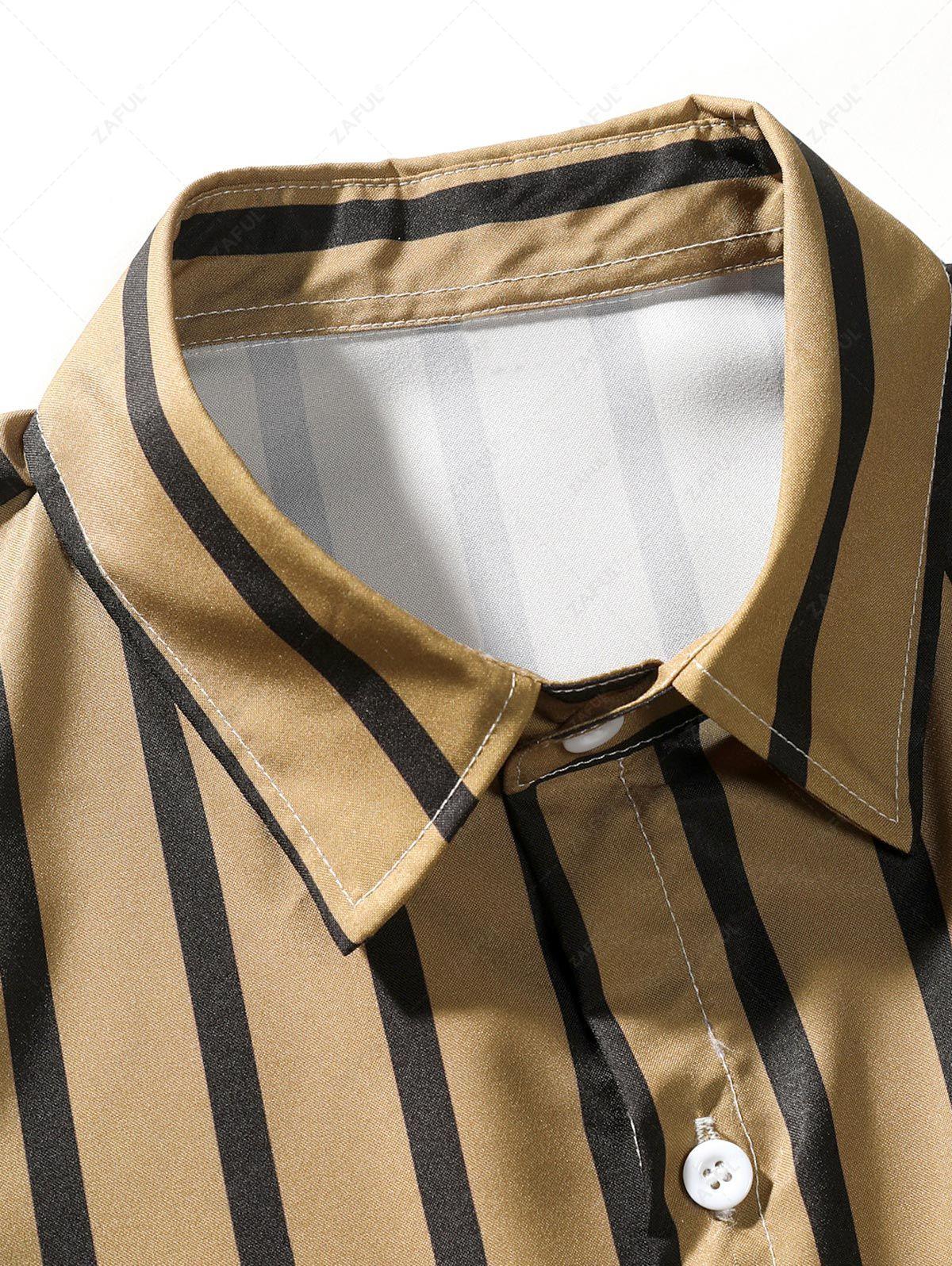 Men\'s Button Up Vertical Striped Short Sleeve Casual Summer Beach Shirt BLACK DEEP YELLOW LIGHT YELLOW MULTI-A - PURECLO