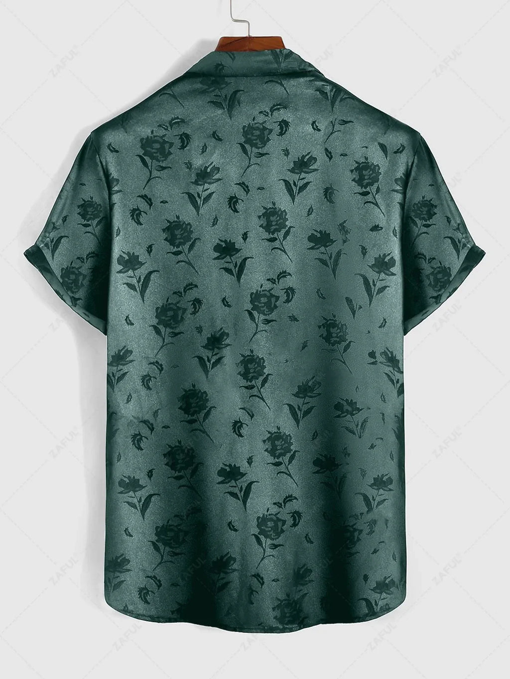 Men\'s Jacquard Silky Satin Floral Print Rose Pattern Button Front Short Sleeve Shirt And Shorts Set BLACK DEEP RED DEEP BLUE DEEP GREEN - PURECLO