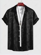 Men\'s Button Up Short Sleeves Paisley Jacquard Silky Satin Shirt and Drawstring Pockets Casual Shorts Set DEEP GREEN BLACK - PURECLO