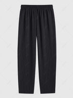 Men\'s Casual Pinstripe Pocket Design Camp Collar Button Up Short Sleeves Shirt And Drawstring Straight Leg Pants Set BLACK - PURECLO