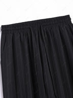 Men\'s Casual Pinstripe Pocket Design Camp Collar Button Up Short Sleeves Shirt And Drawstring Straight Leg Pants Set BLACK - PURECLO
