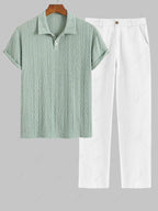 Men\'s Casual Textured Openwork Polo Collar Half Buttoned Short Sleeves Shirt And Cotton and Linen Straight Leg Pants Set LIGHT GREEN COFFEE - PURECLO