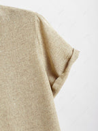 Men\'s Solid Color Linen Textured Stand Collar Half Buttoned Short Sleeves Shirt And Slant Pockets Drawstring Casual Shorts Set LIGHT COFFEE - PURECLO